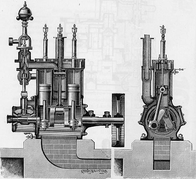 Dampfmotor: Längs- und Querschnitt