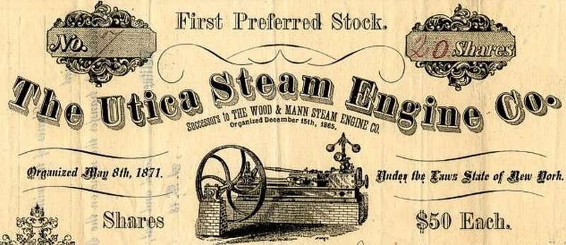 The Utica Steam Engine Co.: Kopf eines Anteilsscheins